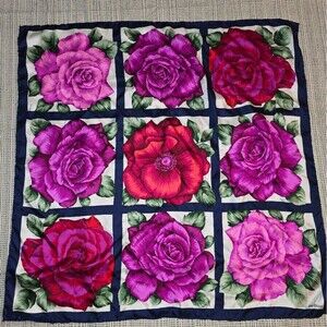 Vintage Bill Blass Silk Square Scarf of Roses Magenta Fuchsia Hot Pink